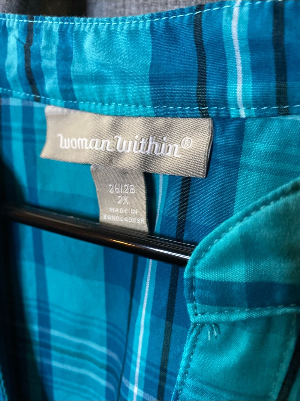 Woman Within Teal Plaid Pintuck Button-Front Tunic - Picture 2 of 2
